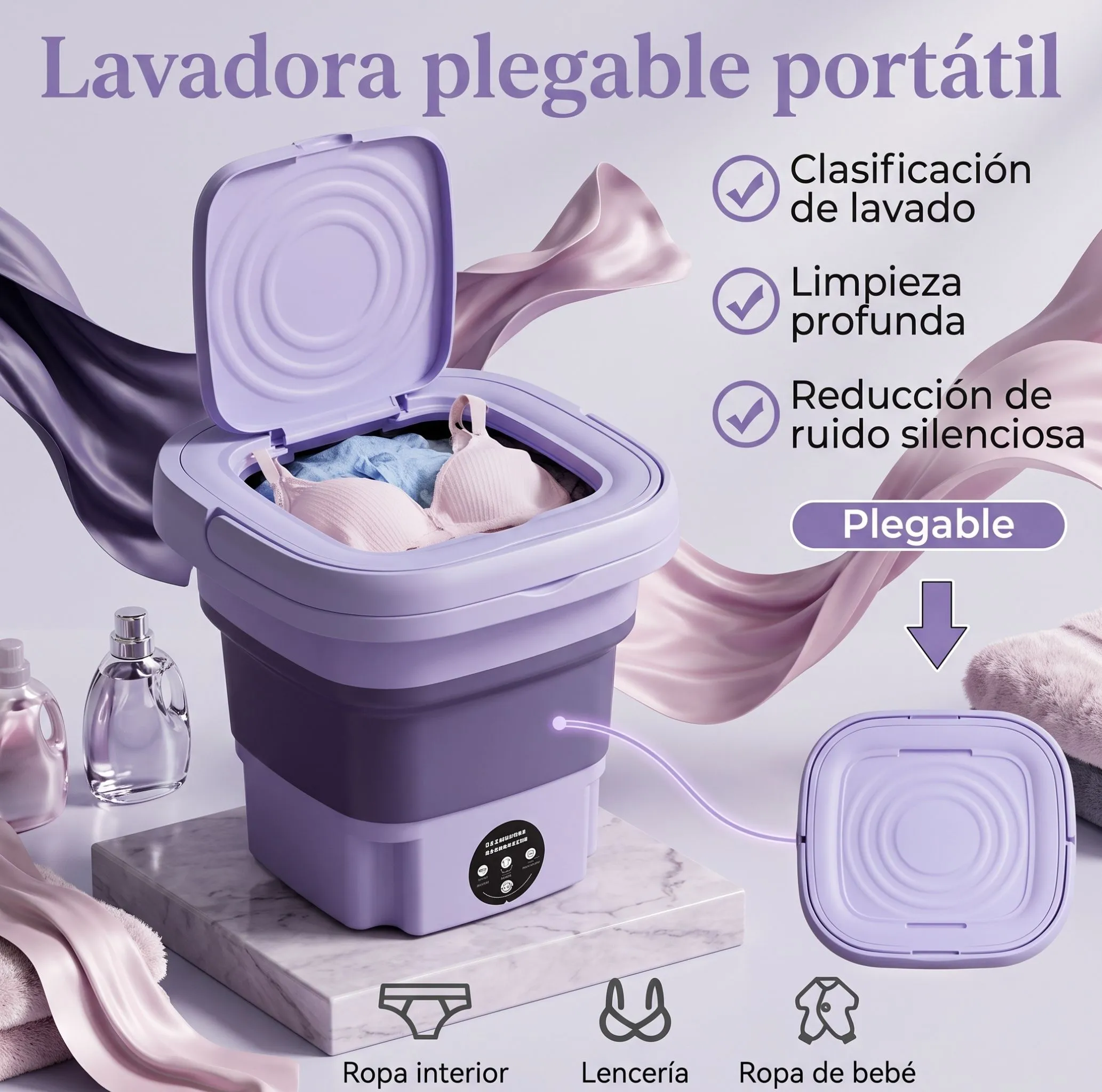 Lavadora portátil plegable, vista de detalle